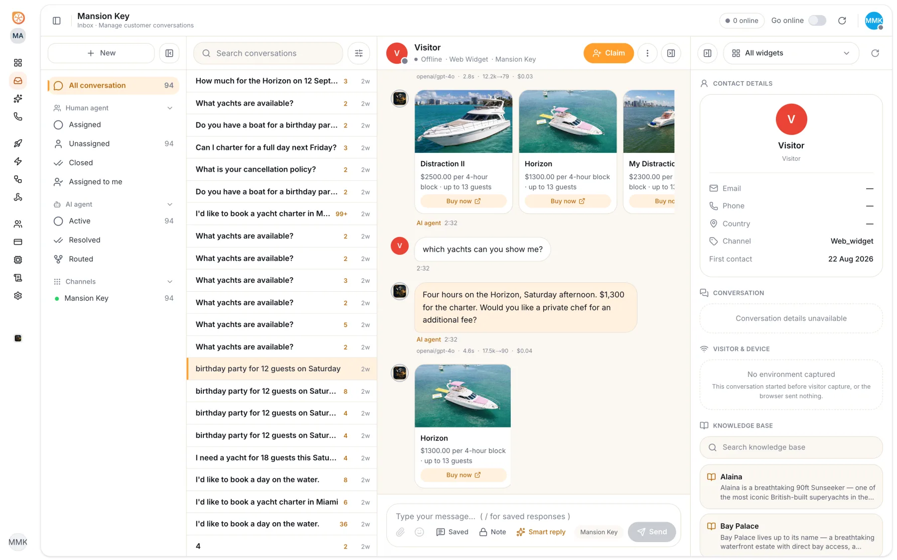The OU Chat shared inbox: 94 conversations in one queue, an AI reply quoting a four-hour charter at $1,300, and the model, latency and cost that produced it.