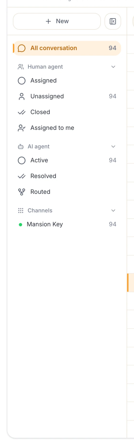 The inbox queue: 94 conversations, split into human-agent lanes (assigned, unassigned, closed) and AI-agent lanes (active, resolved, routed).