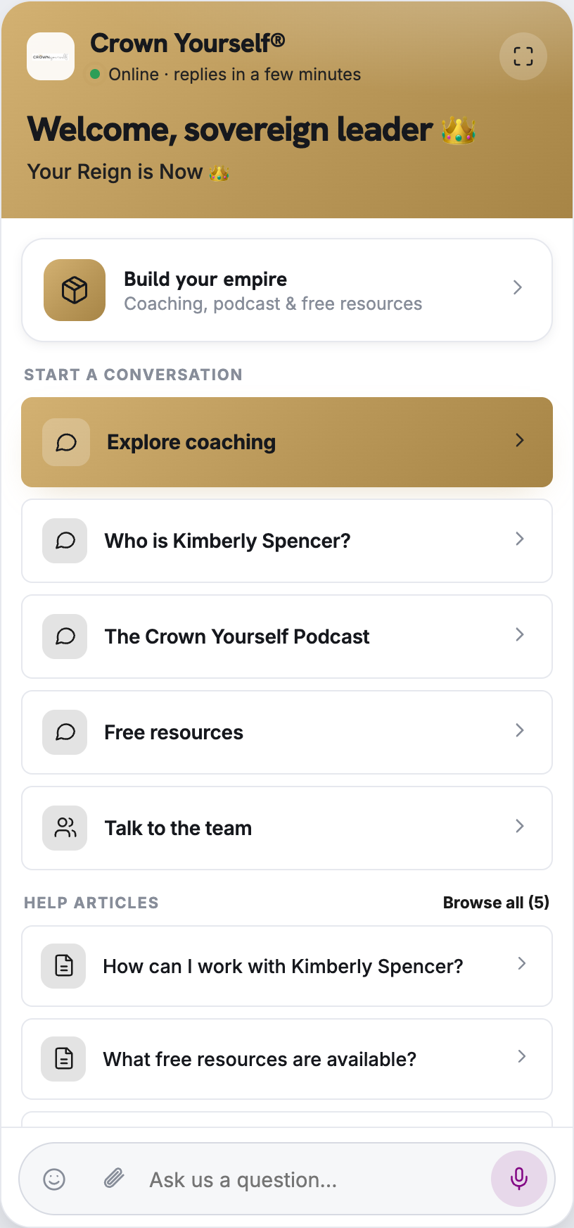 Crown Yourself AI agent — coaching, podcast and help articles with quick-start conversation prompts