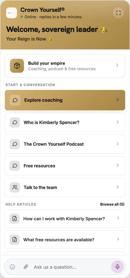 Crown Yourself AI Agent: coaching, podcast and help articles with quick-start conversation prompts