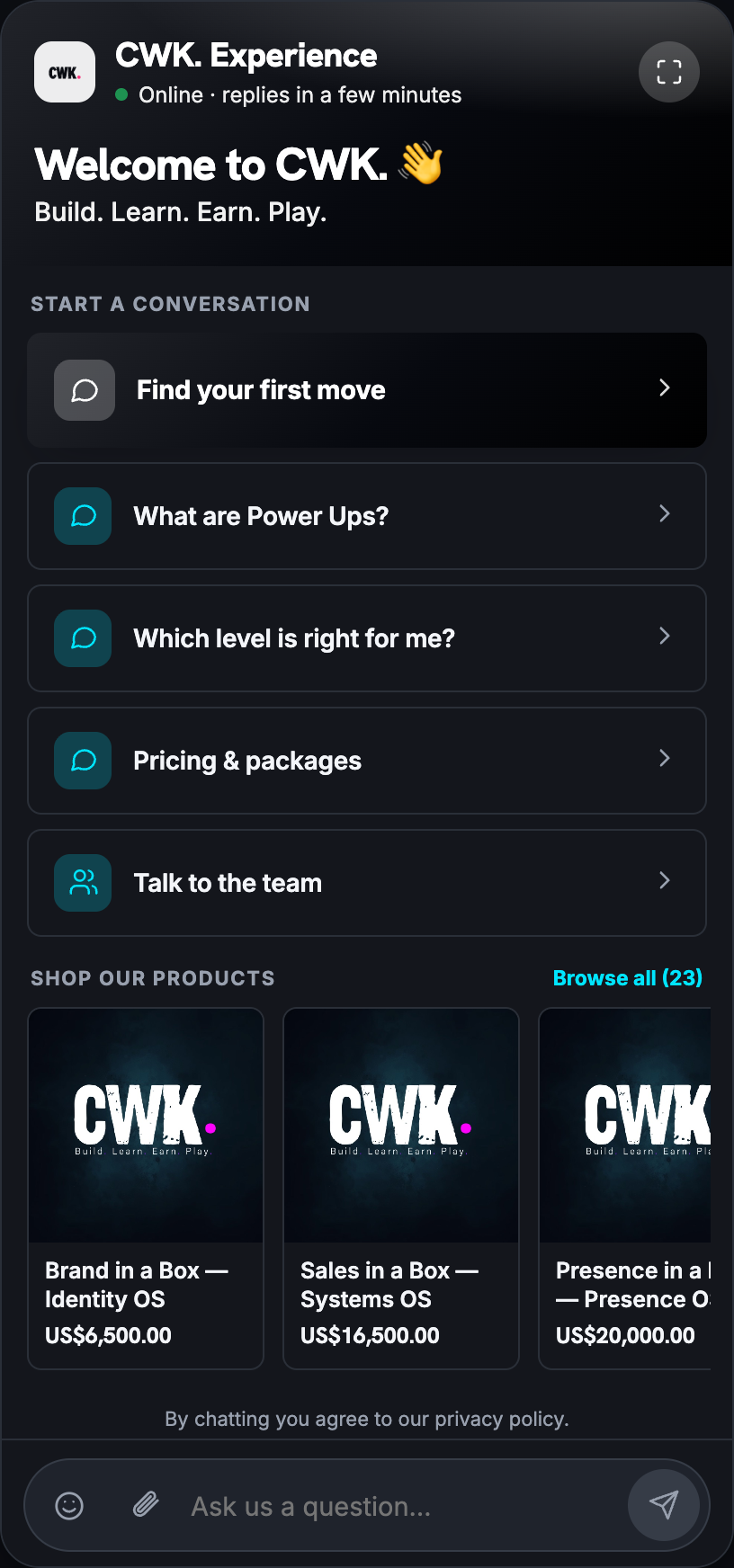 CWK Experience AI agent — dark themed, high-ticket program packages and guided conversation starters