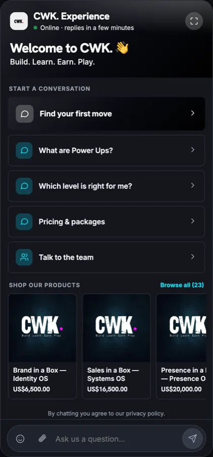 CWK Experience AI Agent: dark themed, high-ticket program packages and guided conversation starters