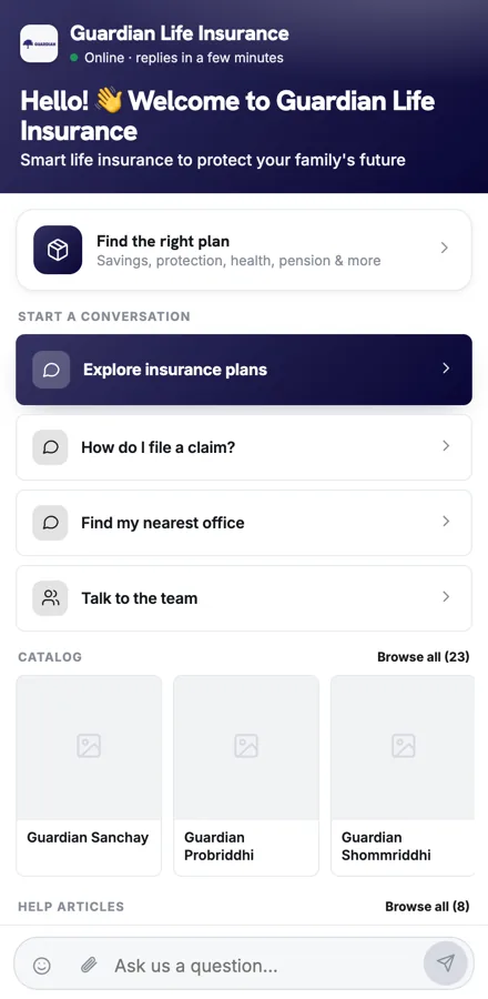 The Guardian Life agent answering policy questions on a content-heavy insurance site