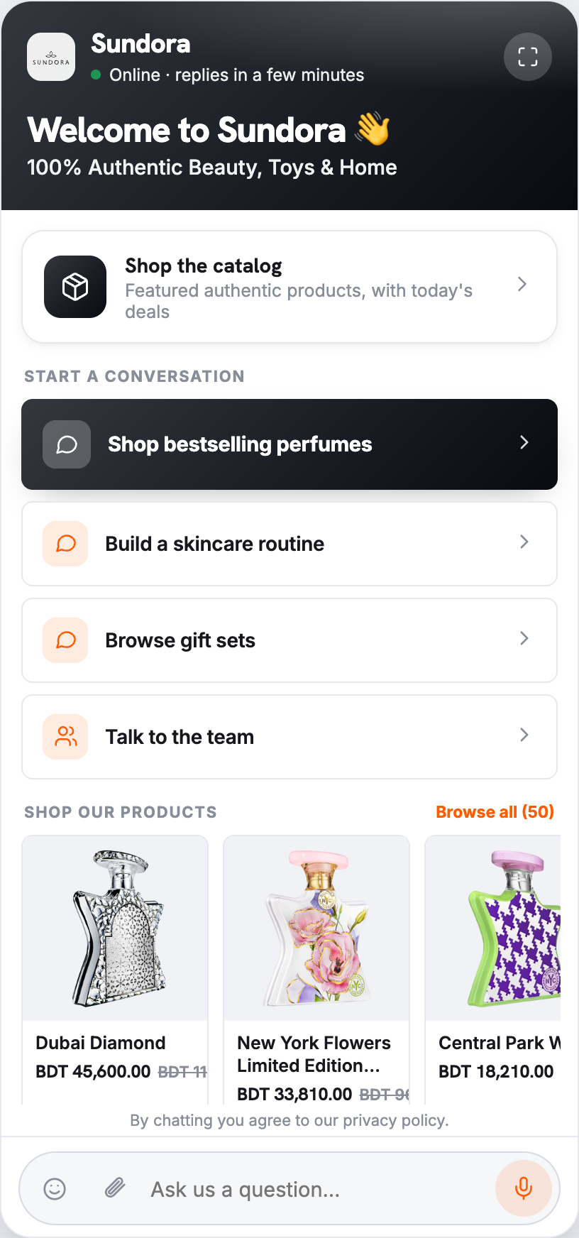 Sundora AI agent — beauty and perfume shopping carousel, skincare routines and gift sets