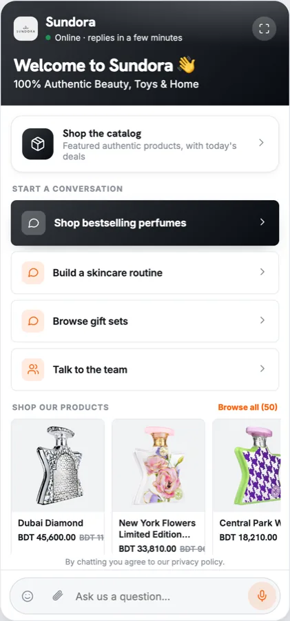 Sundora AI Agent: beauty and perfume shopping carousel, skincare routines and gift sets