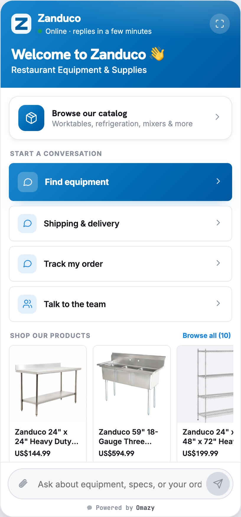 Zanduco AI agent — restaurant-equipment catalog, product search, order tracking and live chat