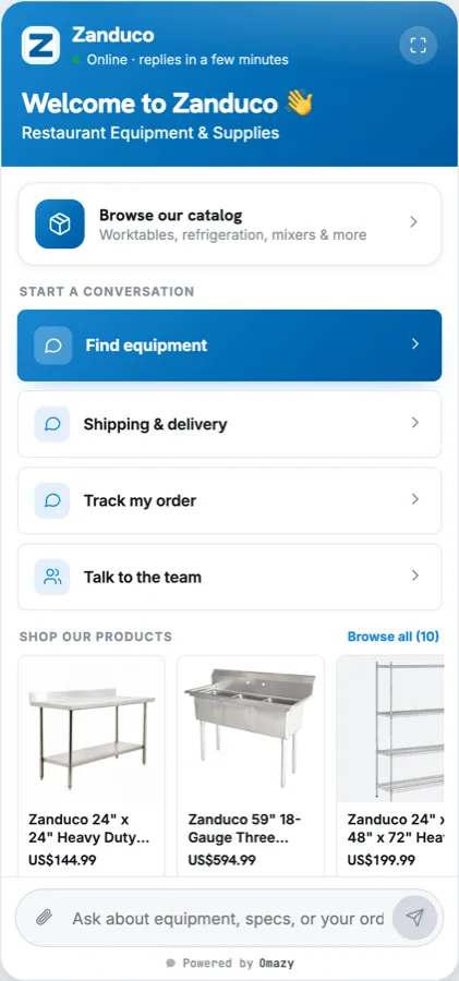 Zanduco AI Agent: restaurant-equipment catalog, product search, order tracking and live chat